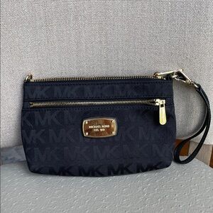 Michael Kors Black Signature MK Logo Wristlet with Gold Hardware
